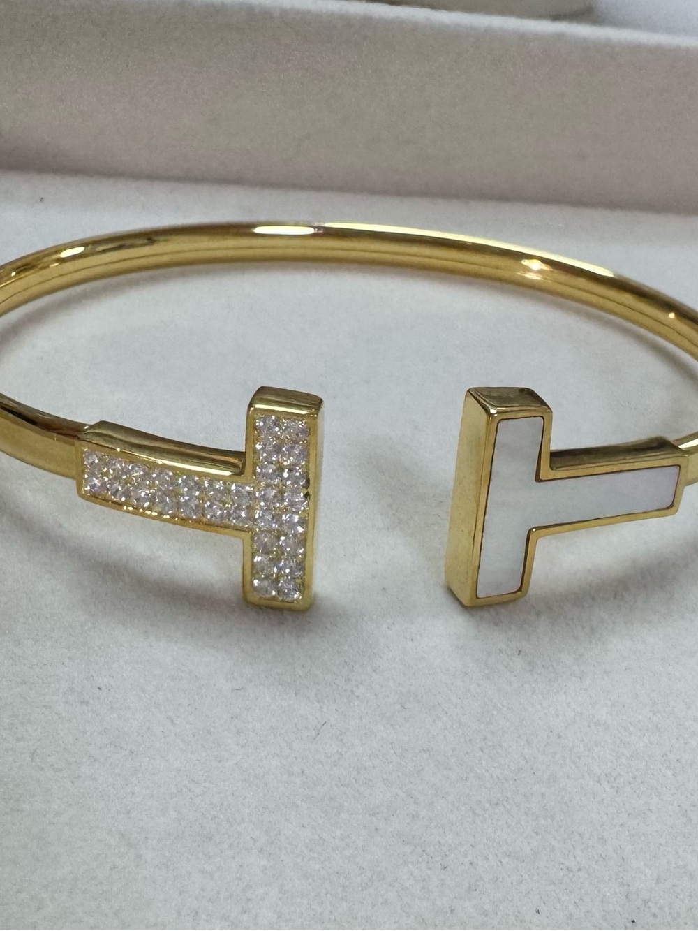 Gold T-Bar Cuff Bracelet with White Enamel and Crystal Accents